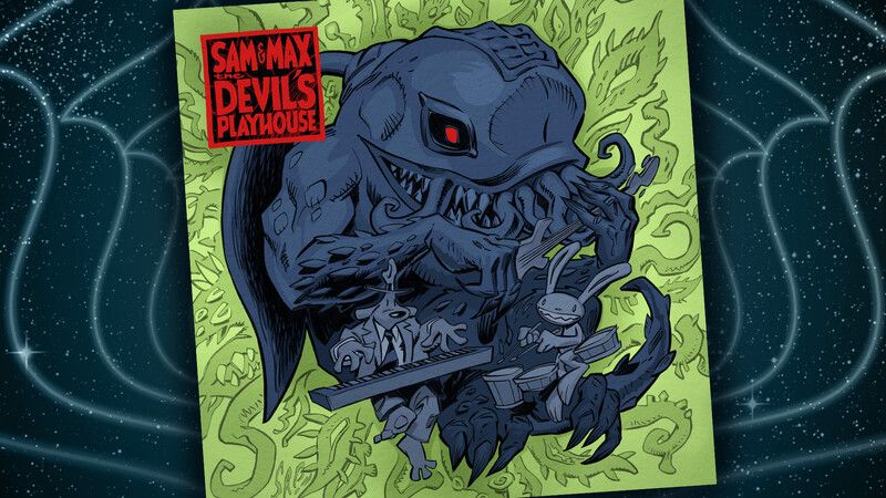 Sam & Max: The Devil's Playhouse soundtrack art drawn by Steve Purcell, featuring Sam (a dog in a suit), Max (a hyperkinetic rabbity-thing) and a Godzilla-like monster playing musical instruments.
