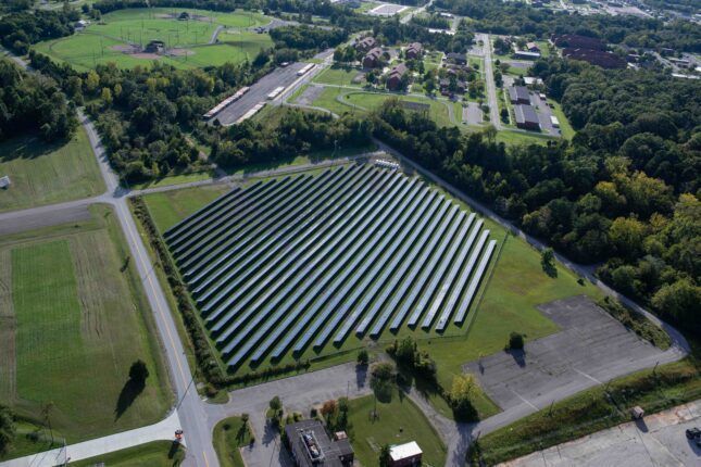 A 10,000-panel solar array at Fort Knox, Ky., sits on about 10 acres of land and can produce about 2.1 megawatts of power for the post, courtesy of Army.