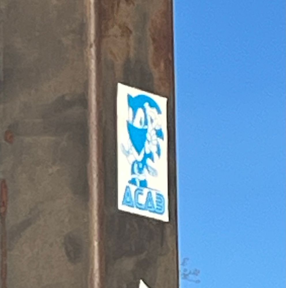 Sticker of sonic the hedgehog wearing a bandana and tellibg you cops are a societal enemy