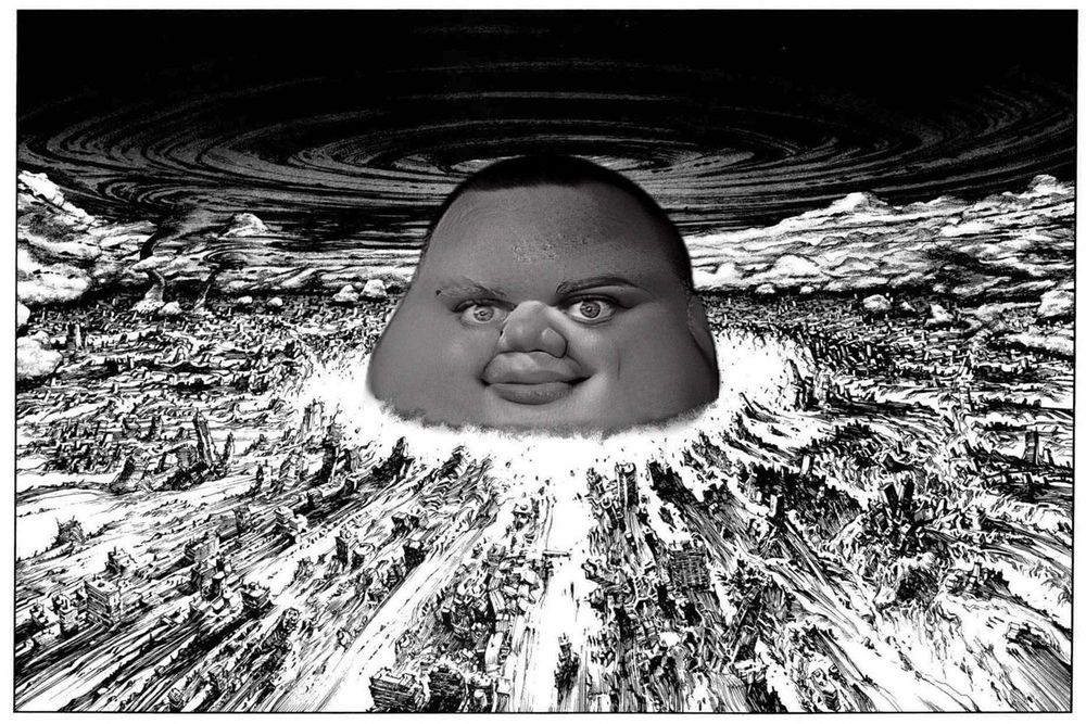 A bean margarita looking jd vance blowing up neo tokyo