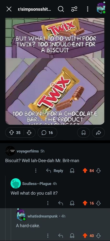 A screencap from r/simpsonsshitposting on Reddit where someone refers to the cookie part of Twix as 
