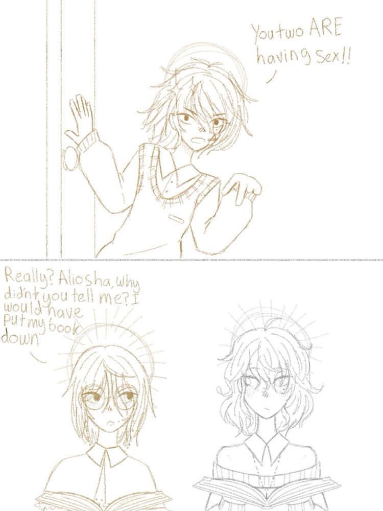 Silly joke drawing of Aliosha, Lysander, and Anouk 