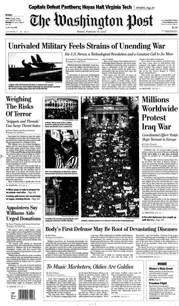 Front page of The Washington Post Feb 16, 2003 features photographs and a lead article - headlined “Millions Worldwide Protest Iraq War” - about the protests against the looming US invasion of Iraq.