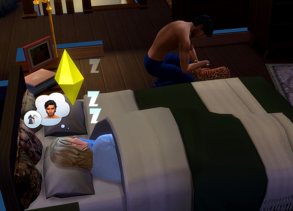 Sims 4 game screenshot of one sim asleep with a thought bubble of her husband overlaid by the Grim Reaper. Meanwhile, said husband (in the background) is happily and obliviously brushing the family cat.