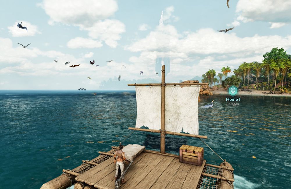 Ark Survival Ascended screenshot of player on raft and lots of pelagornis flying about.