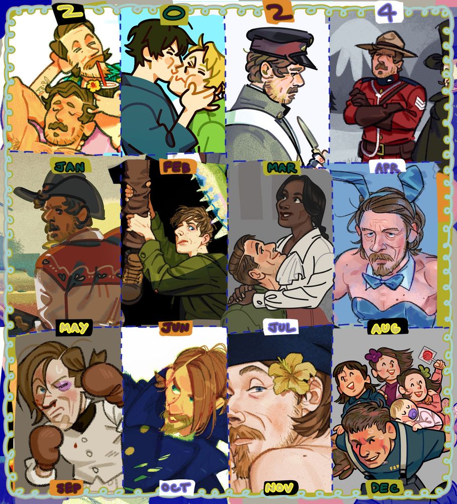A collection of digital drawings from 2024 compiled in a messy quilt-like grid. Most months include characters from The Terror, but there are a few from other media like Barakamon, The Passenger, Wedding Band, Banished, and The Smoke.