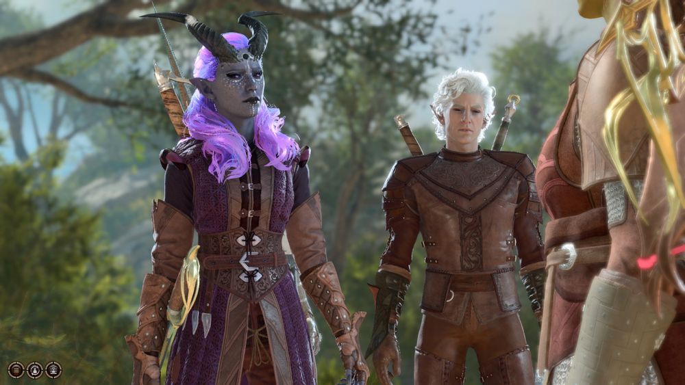A light grey-violet-skinned tiefling woman is standing outside in a forest. She has long, wavy purple hair in a half-updo that is braided on one side. She also has long black horns and is wearing a silver circlet, padded purple armor and long gloves. She has eyes with black sclera and purple irises, and is wearing black lipstick. In the background stands Astarion in leather armor.