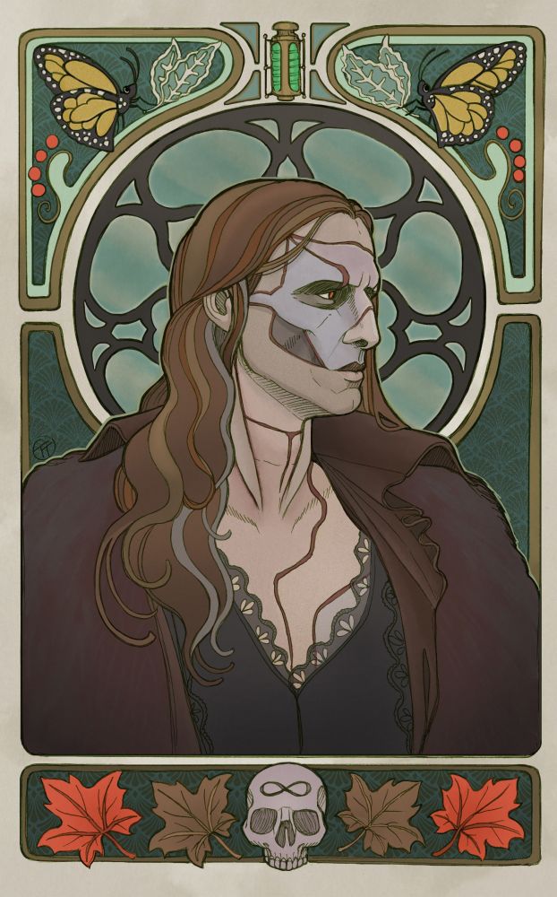 Fan art from Guillermo Del Toro's Frankenstein. A man in profile with scars and long hair 