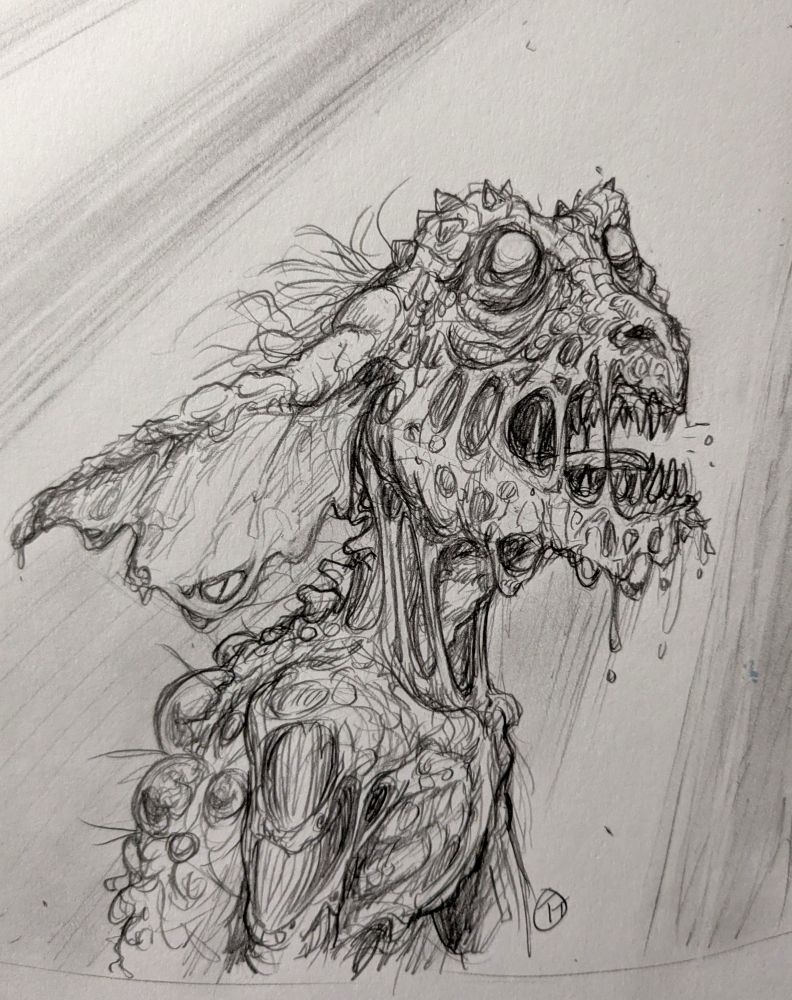 An unfortunate gremlin, melting in sunlight. Pencil sketch - gore