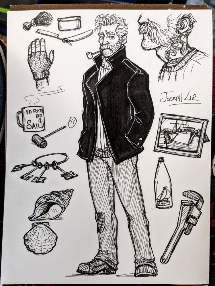 Drawing of an older man with a peacoat and a pipe, surrounded by various items he uses or enjoys 