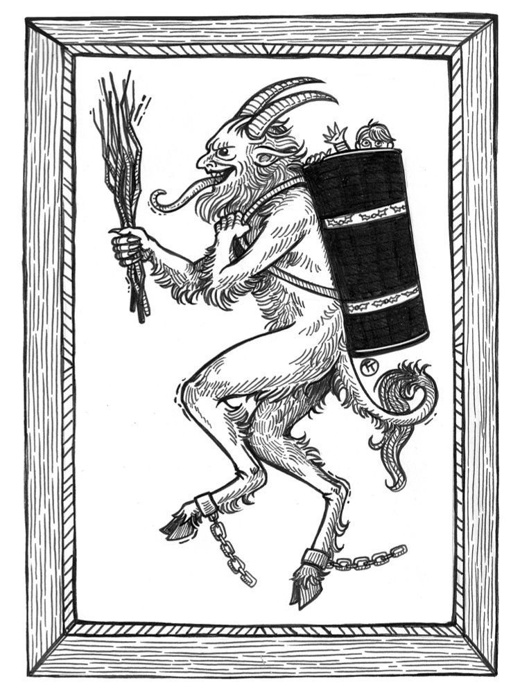 Ink drawing showing a medieval woodcut style Krampus 