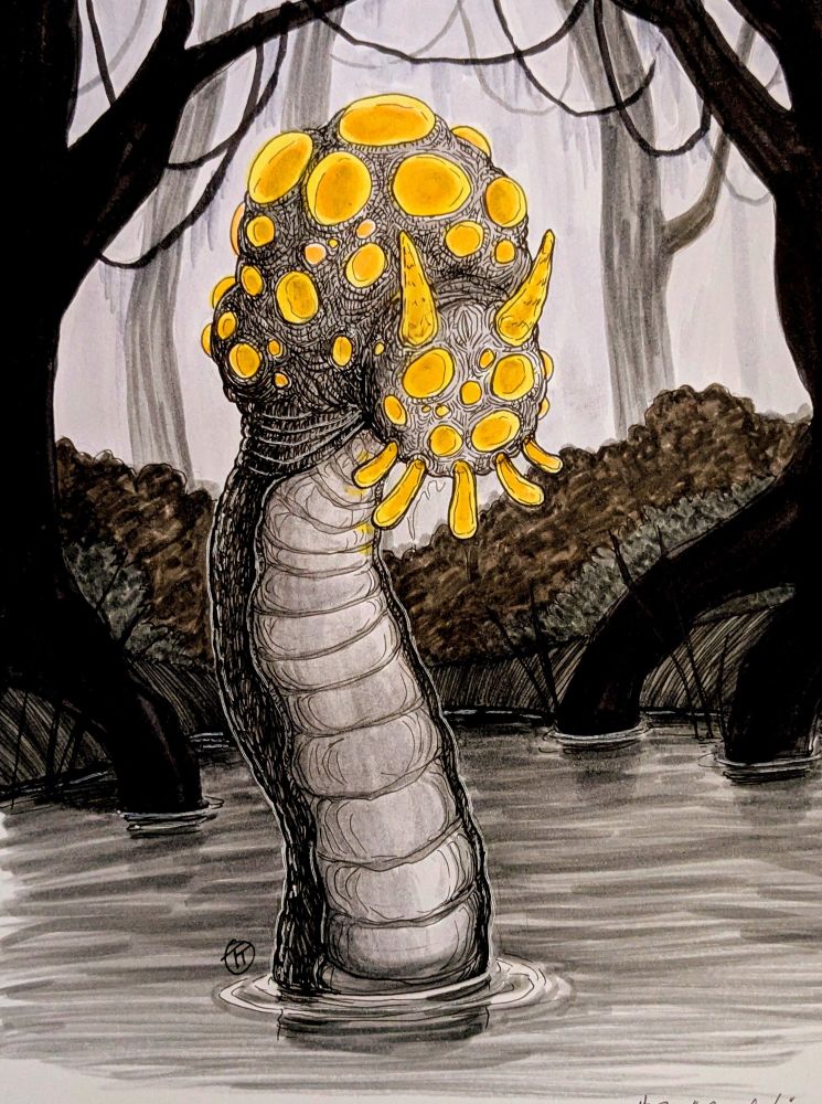 A weird slug-snake creature coming up out of a swamp 