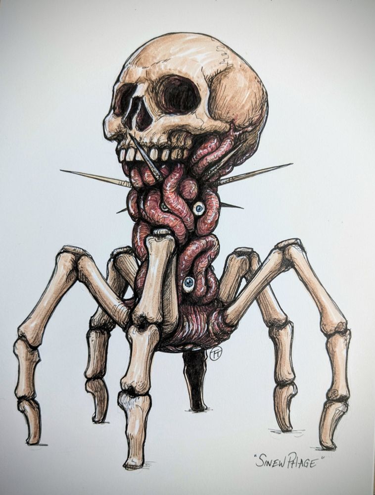 A horror art of a creature made of a skull , finger bones, and sinew. Traditional ink drawing 
