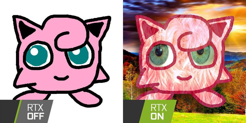 RTX Off: A simple digital drawing of Jigglypuff. 
RTX On: The same drawing with realistic stock textures and lighting effects on top with a nature photo backdrop.