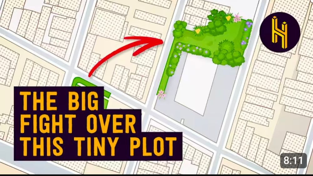 A thumbnail from the YouTube channel "Half as Interesting" showing a map of a city with an arrow pointing at what looks to be a park with text on the bottom left saying "The big fight over this tiny plot"