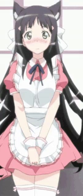 a girl with a cat ear on her head is wearing a maid outfit