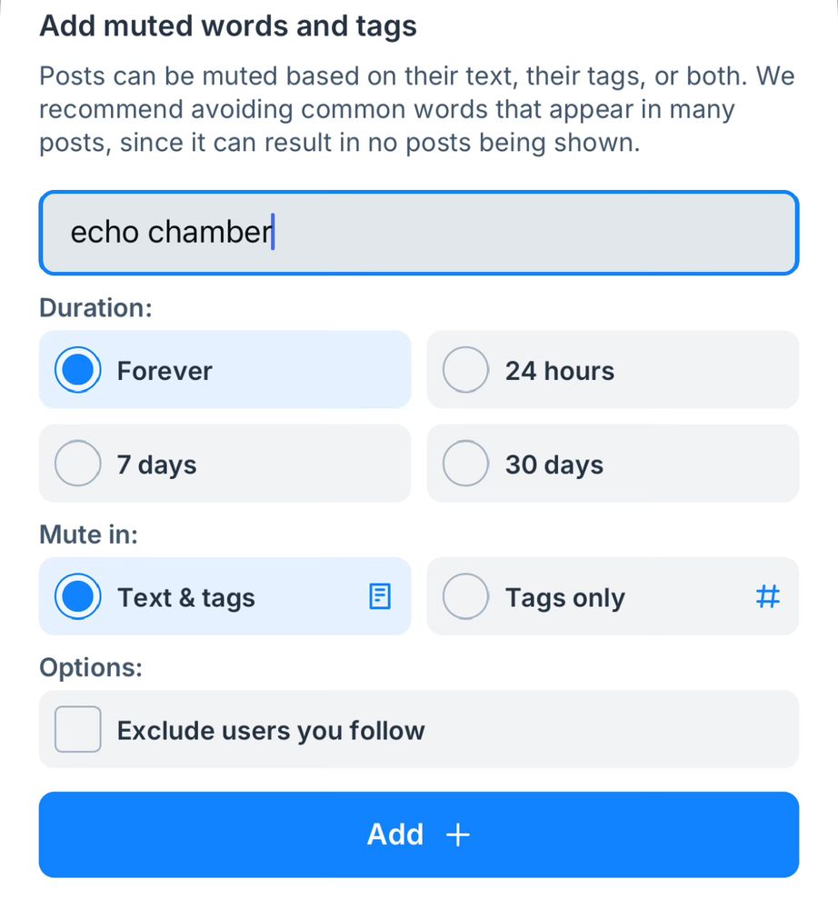A screenshot from the Bluesky app of me muting the phrase “echo chamber”