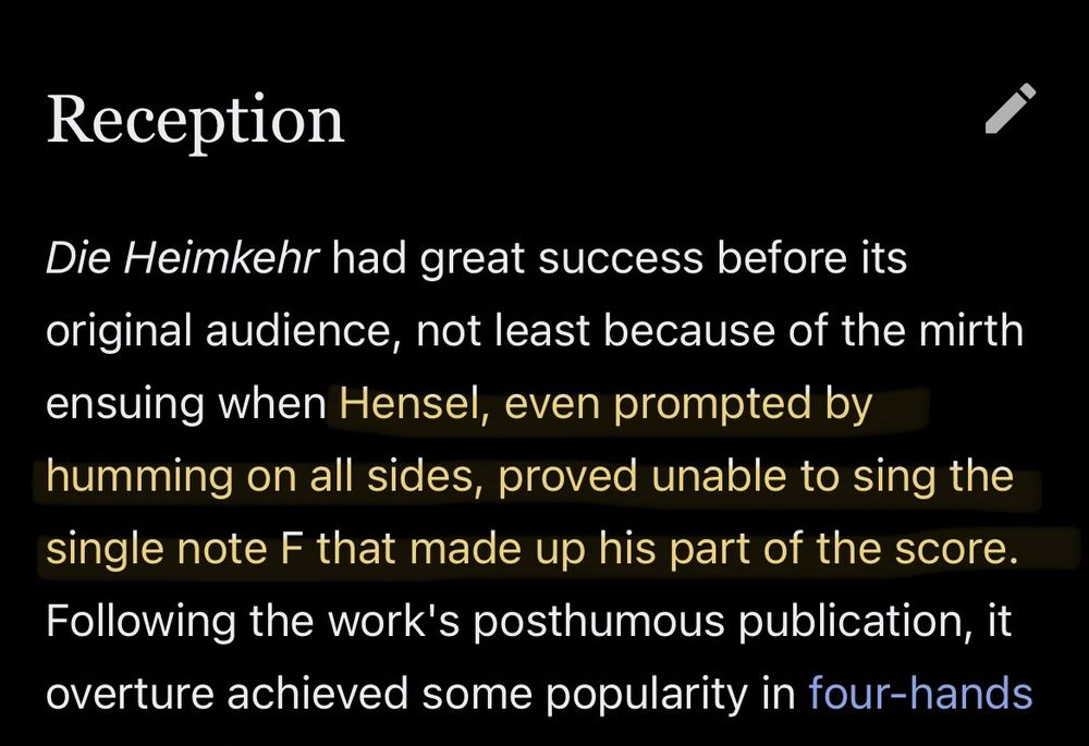 Reception
Die Heimkehr had great success before its original audience, not least because of the mirth ensuing when Hensel, even prompted by humming on all sides, proved unable to sing the single note F that made up his part of the score.
Following the work's posthumous publication, it overture achieved some popularity in four-hands