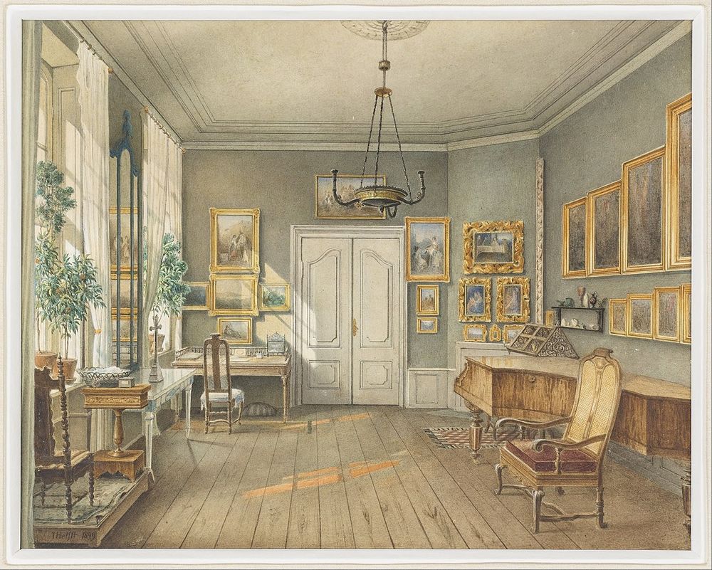 Painting of an open room with many paintings in the wall, big windows on the left wall, a desk, some chairs, a piano and the music stand in the corner 