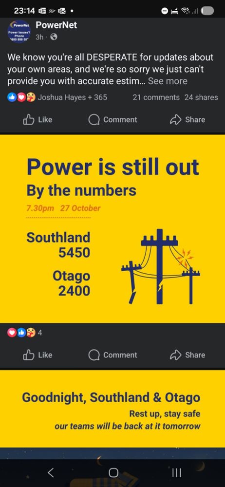 Screenshot of a Powernet Facebook post saying 5450 homes in Southland and 2400 in Otago are still without power. 