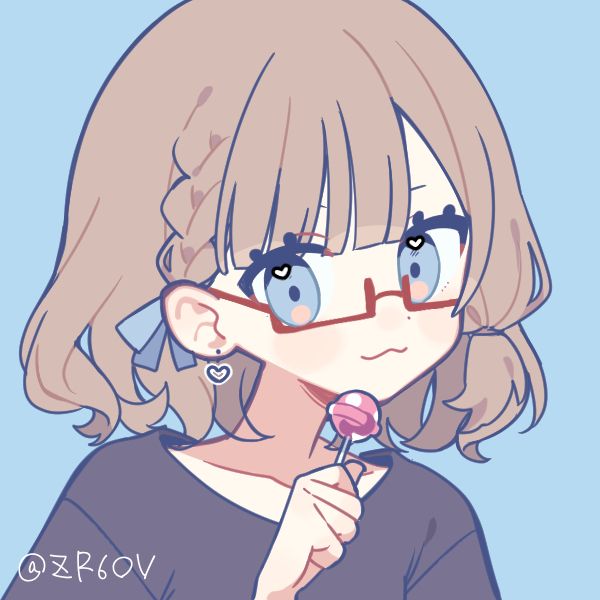 An image of a fair skinned girl with shoulder length brunette hair, blue eyes and red glasses, wearing a black t-shirt. She has a blue bow in her hair, and a heart earring, and is holding a lollipop.