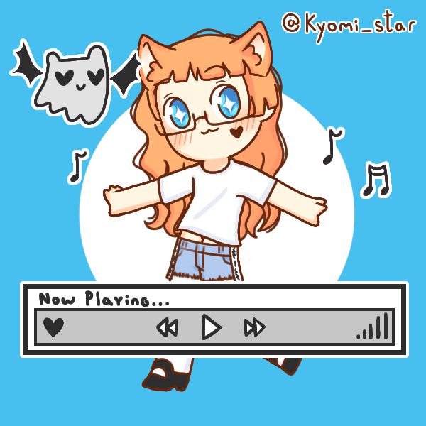 A girl with orange hair, cat ears, light skin, blue eyes. She is wearing a white t-shirt and ripped blue shorts, with a black heary on her blushing cheek, and black glasses.