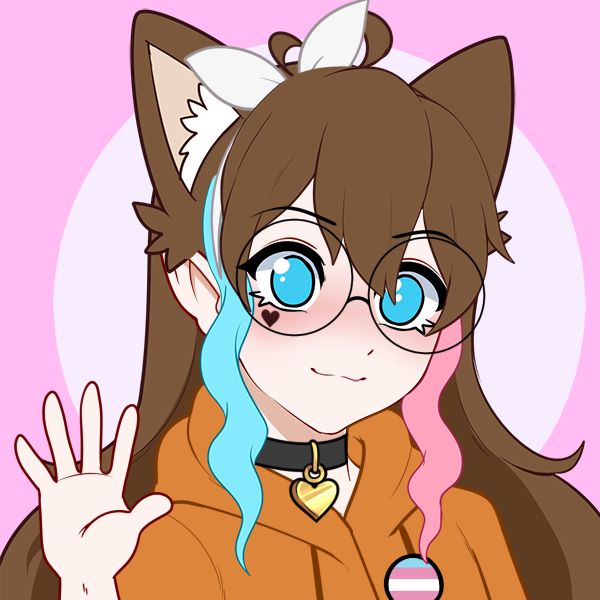 A fair skinned girl with long, brunette hair, and a blue and pink accent around her face. She has rounded black glasses, with a heart on her cheek, with a closed car mouth. She has an orange hoodie on, with a transgender flag badge. She has cat ears, and a white bow on her head. She also has a collar on, with a heart tag, and is waving.