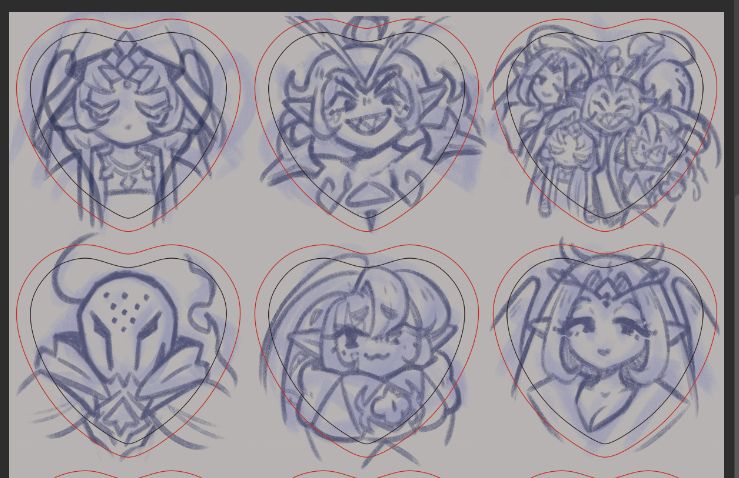 🎨 wip of heart buttons for mystic flour cookie, burning spice cookie, silent salt cookie, shadow milk cookie, and eternal sugar cookie from cookie run kingdom (FINALLY making some merch of the other beasts instead of just smc!)