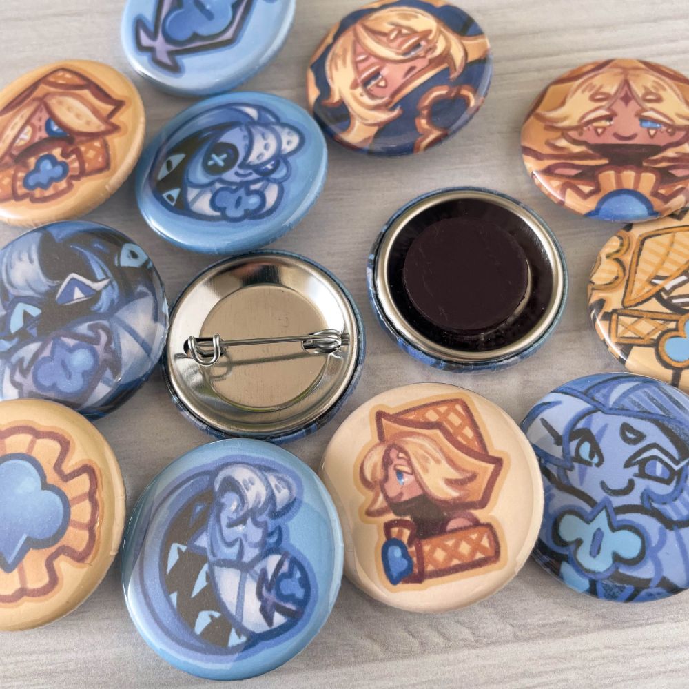🎨 1.25" Pin-Back / Magnet Buttons of Shadow Milk Cookie and Pure Vanilla Cookie from Cookie Run Kingdom