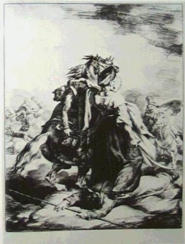 This artwork by Théodore Géricault depicts a dramatic and intense scene where a Mameluke on horseback valiantly defends a wounded trumpeter amidst a chaotic battlefield. Géricault, renowned for his dynamic compositions and exploration of themes like heroism and struggle, captures the tension and energy of the moment with skillful use of light and motion.