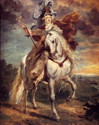"Marie de Medici at Pont-de-Cé," possibly by Théodore Géricault, captures Marie de Medici commanding attention as she rides a powerful white horse, exuding regal authority against a turbulent sky. The painting reflects Géricault's dramatic style, emphasizing dynamic movement and emotional intensity typical of the Romantic period.