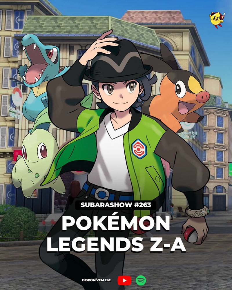 Treinador de Pokémon Legends Z-A, com uma jaqueta verde e um chapéu preto, a frente de um Tepig, um Chikorita e um Totodile. Ao fundo, está a idade de Lumiose, parecida com Paris.