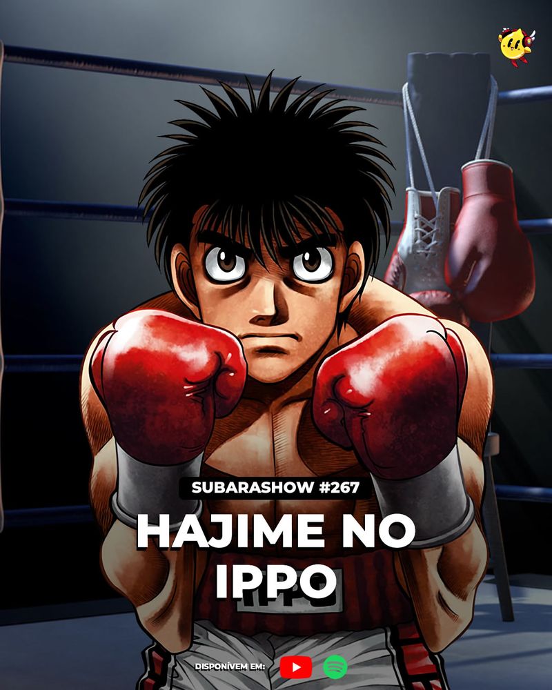 Ippo Makunochi, um jovem de cabelos espetados, com luvas de boxe a frente do corpo, e sem camiseta. Ele está em um ring de luta de boxe.