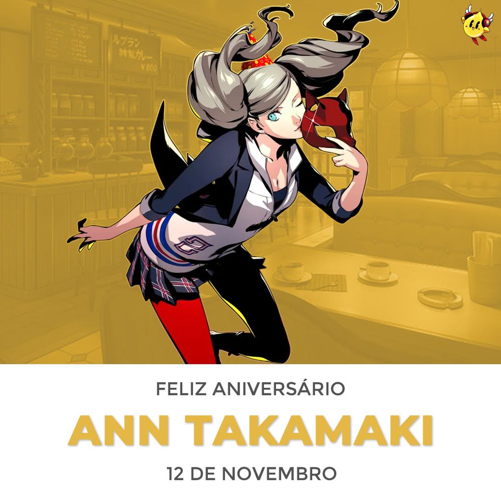 Ann, de Persona 5, com cabelos loiros presos por maria-chiquinhas, trajando seu uniforme escolar que inclui uma camisa branca, terno preto, saia quadriculada e meia-calça vermelha. Ela está piscando enquanto segura uma máscara de gato vermelha.