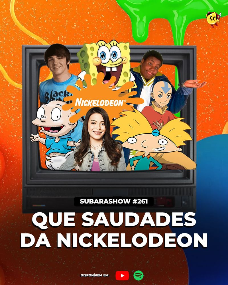 televisão de tubo mostrando personagens da nickelodeon como o bob esponja, arnold, tommy, carly, kenan e drake