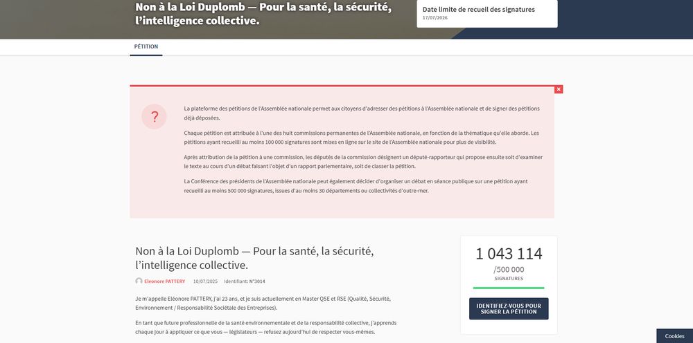 Nombre de signatures sur la pétition de la loi Duplomb sur le site de l'Assemblée nationale, à 19 h 20, le 20/07/2025