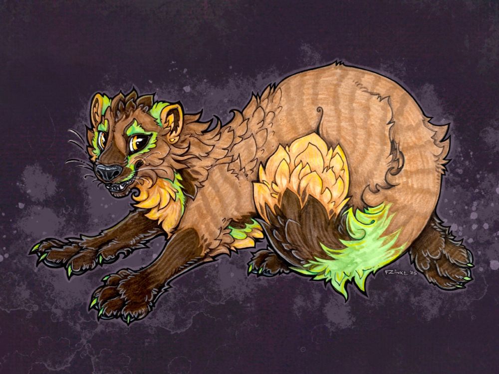 Kinza, my pine marten ’sona, pauses mid-frolic to smile at cha!  
-Marker and colored pencil, background done in procreate-