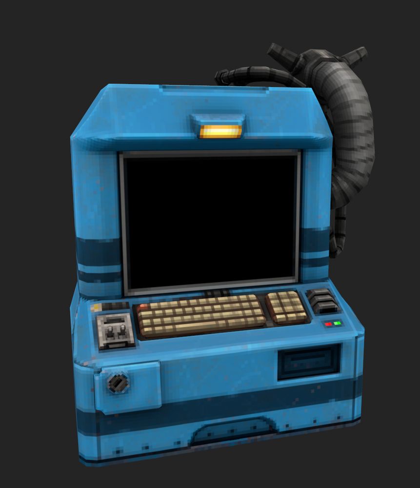 a blue computer terminal, more controls and pipes coming out of it
