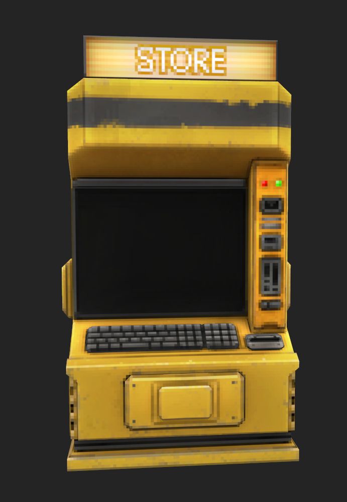 a yellow computer terminal, styled like an ATM