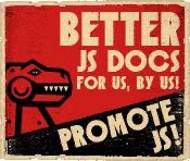 Red/black on beige banner with a cartoon lizard and the slogan: Better JS Docs, For us, By Us! Promote JS!