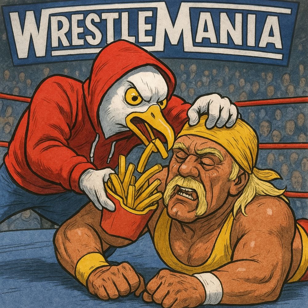 An anthropomorphic seagull wearing a red hoodie steals fries from a defeated Hulk Hogan at Wrestlemania.  Generated through Copilot.