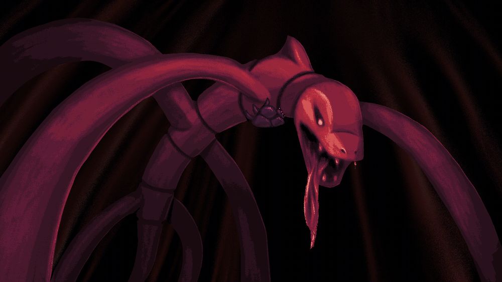 The six-legged creature, named Ivory, towers above, bathed in red light. A string of flesh hangs from her open jaw. A bug-like creature attaches itself to her underside.