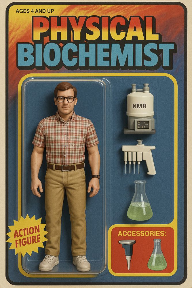 80s style action figure of a physical biochemist with pipette, shake flask, and NMR accessories.