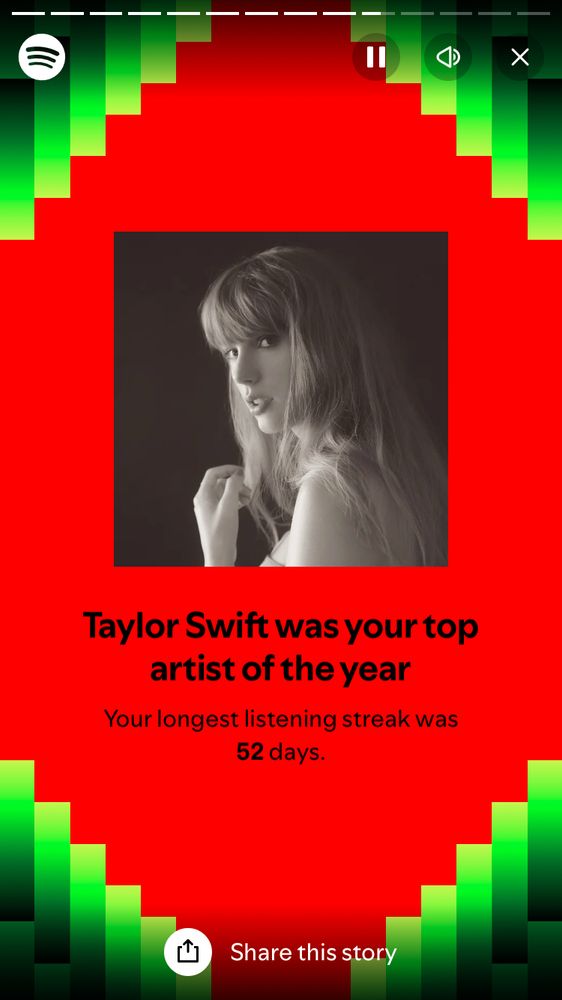 A picture of Taylor swift, then text that reads ‘Taylor swift was your top artist of the year. Your longest listening steak was 52 days’ 