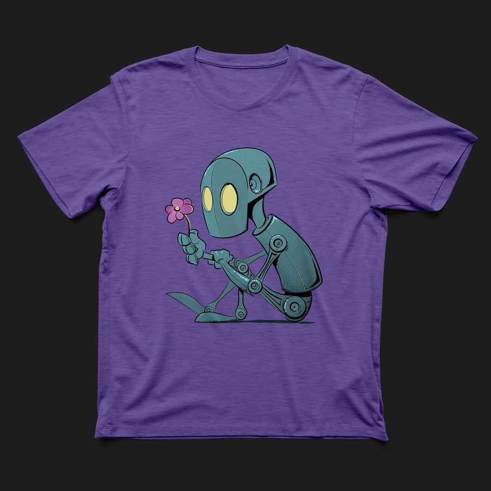 A purple T-shirt with an illustration of a sitting robot holding a flower and staring intently at it 