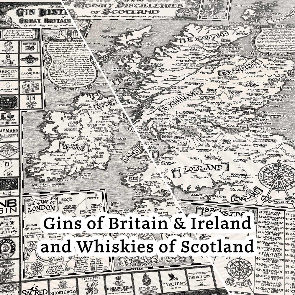 Two maps showing Whiskies of Scotland and Gins of Britain and Ireland drawn by Manuscript Maps