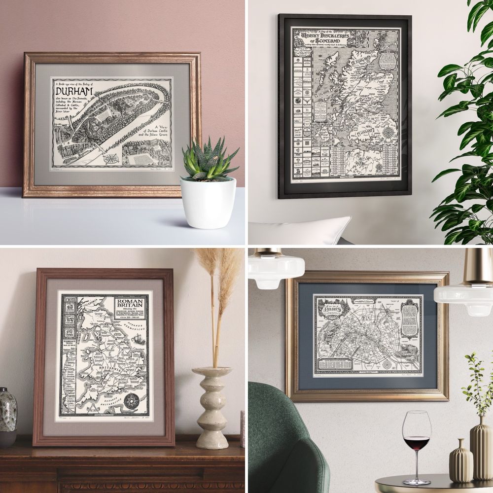 Collage of four framed maps showing the Scotland Whisky map, Roman Britain map, Paris map and Durham Bailey map by Manuscript Maps.