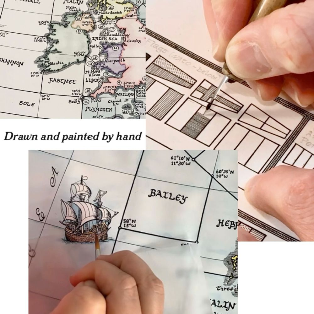 Three pictures showing hand-drawing and hand-painting of the Shipping Forecast map areas, with text “Drawn and painted by hand”