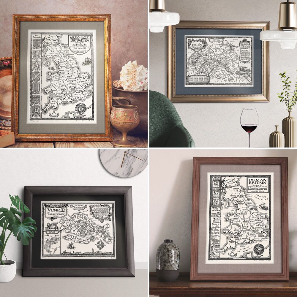 Four pictures of framed maps by Manuscript Maps, clockwise from top left: Anglo-Saxon Britain, Paris, Roman Britain, Venice 