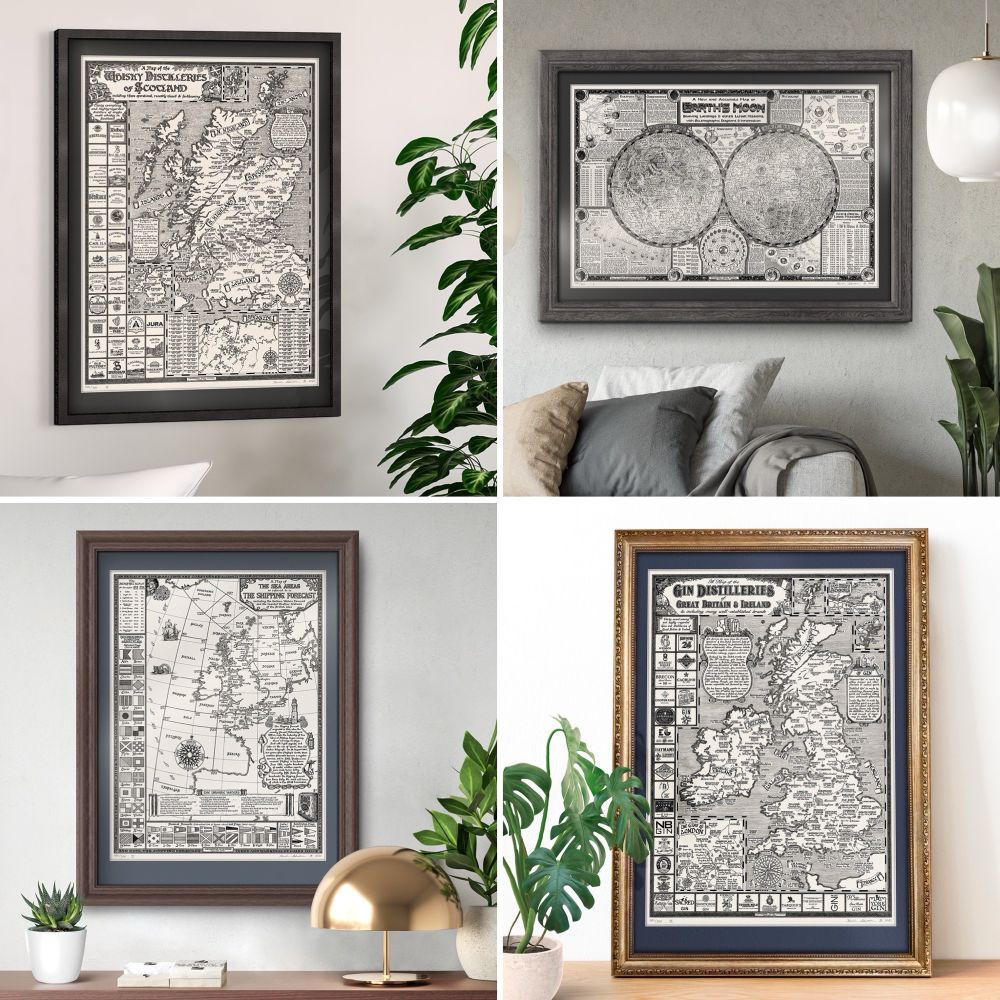 Four pictures of framed maps by Manuscript Maps, clockwise from top left: Scotland Whisky, Moon, Gin Distilleries, Shipping Forecast.